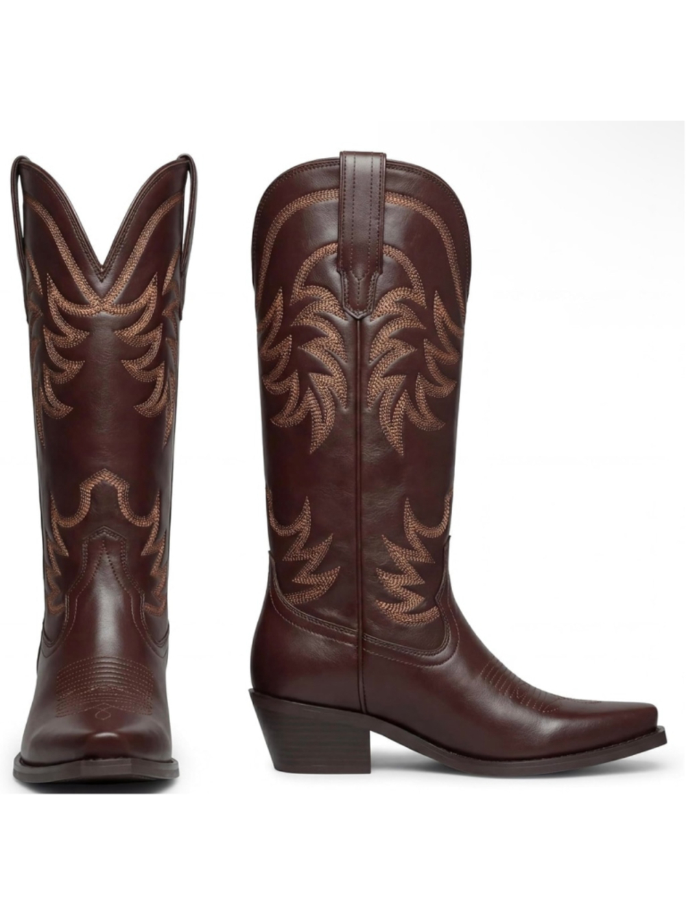NEW Knee High Cowboy Boots Block Heel Pointed Toe Wide Calf Embroidery 7.5